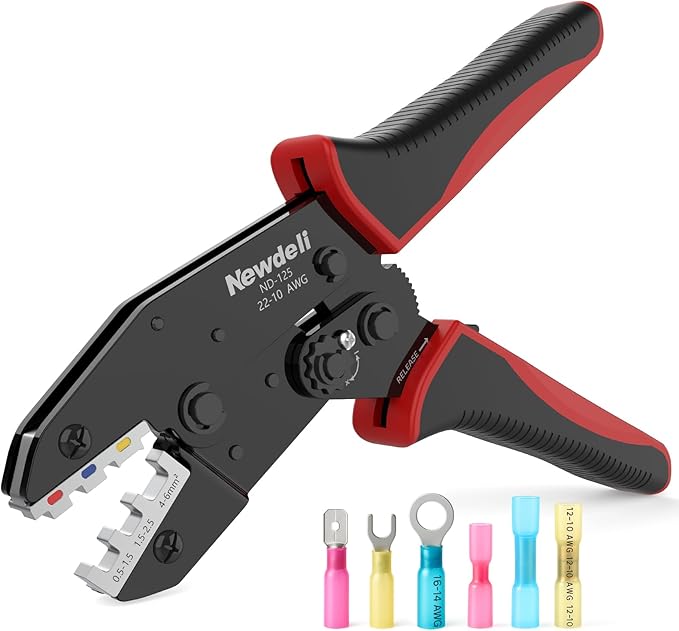 Newdeli Wire Crimping Tool for Heat Shrink Wire Connectors - AWG 22-10 Ratchet Wire Crimper Tool for Electrical Insulated Nylon Wire Terminals Heatshrink Butt Connectors Ratcheting Crimping Plier