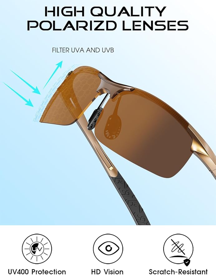 ATTCL Polarized Sunglasses Men Sports: UV Protection Anti Glare Wrap Around Lightweight Metal Driving Fishing Golf Running