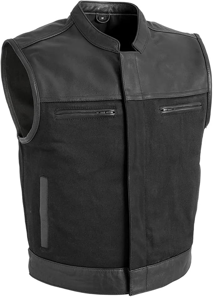 First Mfg Co Lowrider Mens Motorcycle Biker Riding Armor Club Style Black Leather, Twill, Moto Mesh, Perforated Vest