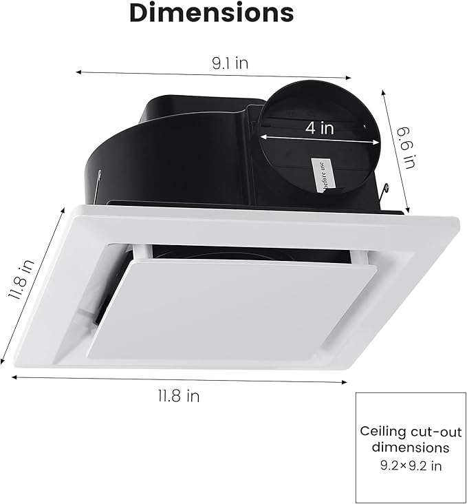Bathroom Exhaust Fan for Ceiling Mount, Household Bath Vent Ventilation Fans with 1.0 Sones Quiet Operation, 110 CFM with 4" Duct Collar, 26W Low Consumption (housing size 9.2"x9.2")