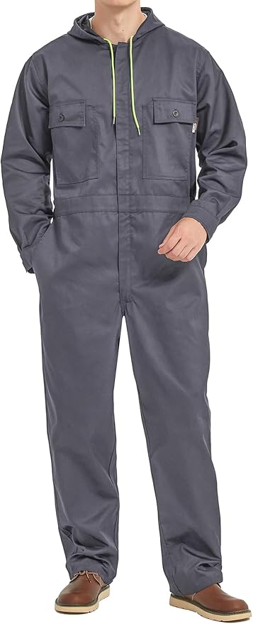 Mens Cotton Blend Long Sleeve Coverall Multi Pockets Zip Overall Mechanic Work Jumpsuit with Hood