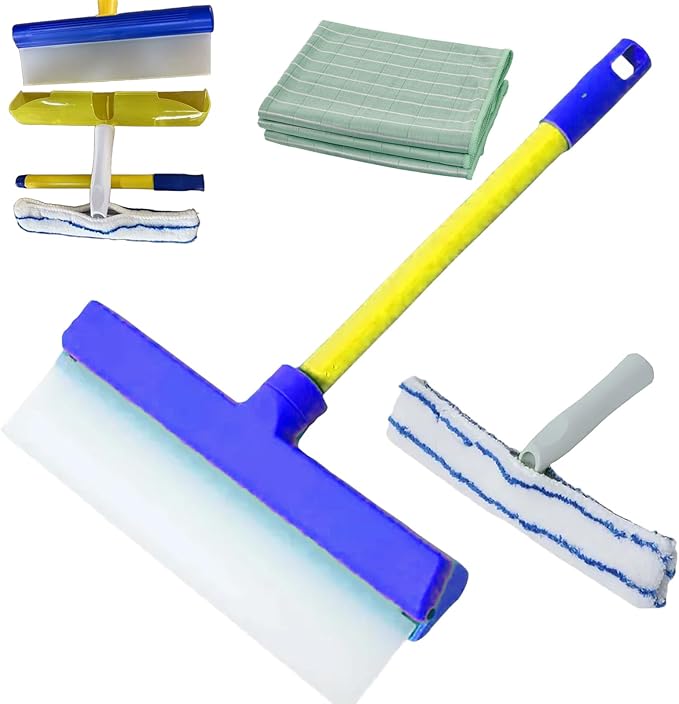 Recyclable Silicone Window Squeegee Kit, Window Cleaning Kit, Glass Cleaning Tools with Silicone Squeegee & Microfiber Scrubber for Shower Glass Mirror Door Car (Blue)