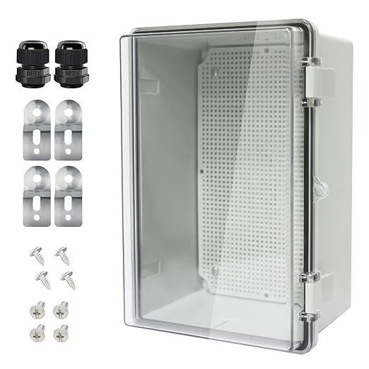 Junction Box IP65 Waterproof ABS Plastic Enclosure Hinged PC Clear Cover Electrical Project Box with Mounting Plate, Wall Brackets, Cable Glands 11.4" x 7.5" x 5.5"(290 * 190 * 140)