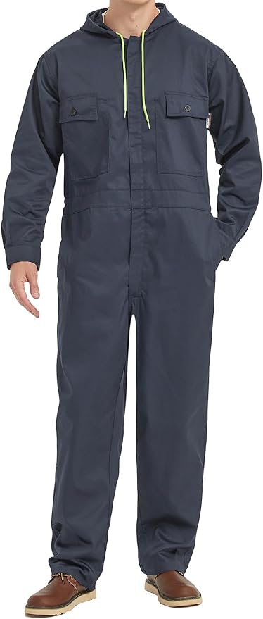 Mens Cotton Blend Long Sleeve Coverall Multi Pockets Zip Overall Mechanic Work Jumpsuit with Hood