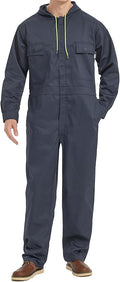 Mens Cotton Blend Long Sleeve Coverall Multi Pockets Zip Overall Mechanic Work Jumpsuit with Hood