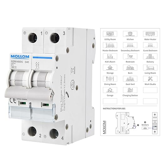 MOLLOM DC 2 Pole Miniature Circuit Breaker,400V 40A, C40 Scene Visualization Custom MCB Thermal Magnetic Trip, 6KA Breaking Capacity DC Disconnect Switch for Solar PV System
