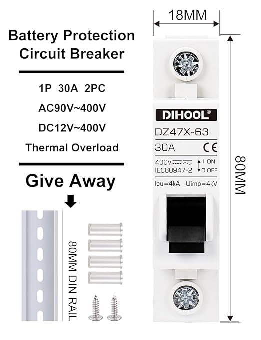 DIHOOL AC/DC Miniature Circuit Breakers, 2 Pack, Single Pole 30 Amp, 12V 24V 48V 400V, Non Polarized, Solar Disconnect Switch, DIN Rail Mount, RV Battery Isolator, PV Array MCB, Thermal Magnetic Trip