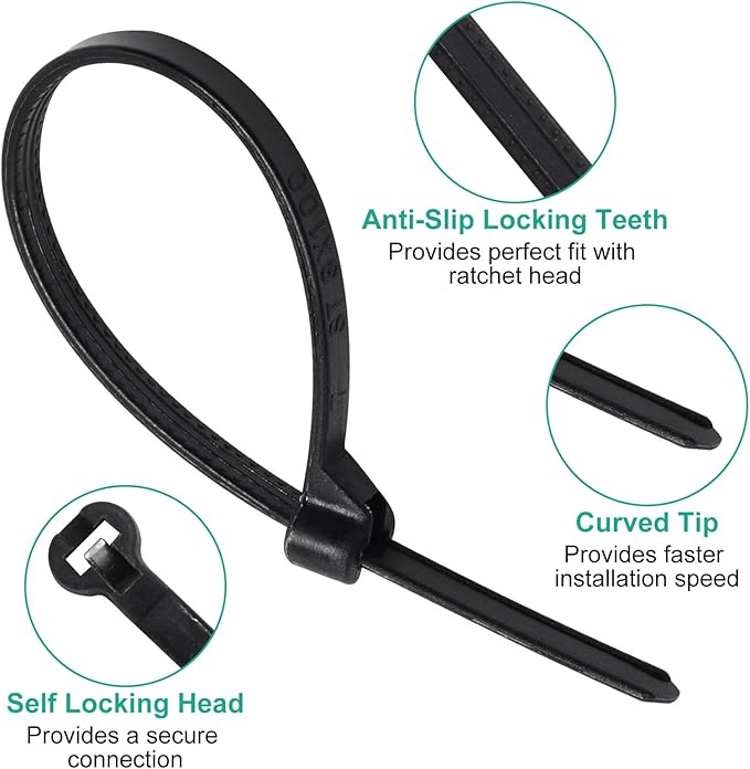 150pcs Push Mount Zip Ties 4 inch, Self Locking Straps Cable Zip Tie with Stainless Steel Metal Tooth Locking Device Heavy Duty Nylon Zip Tie Clips (4", Black)
