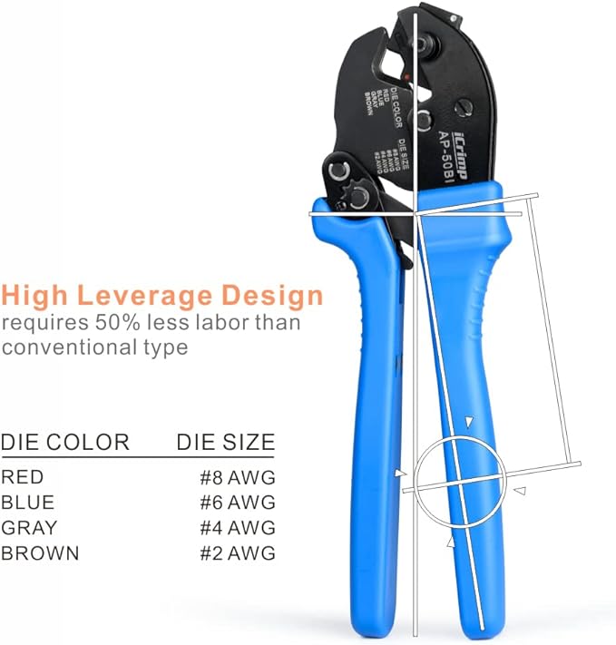 iCrimp AP-50BI Battery Cable Ring Terminal Crimper for 8, 6, 4, 2AWG Copper Cable Lugs, Heavy Duty Wire Lugs and Battery Cable Ends