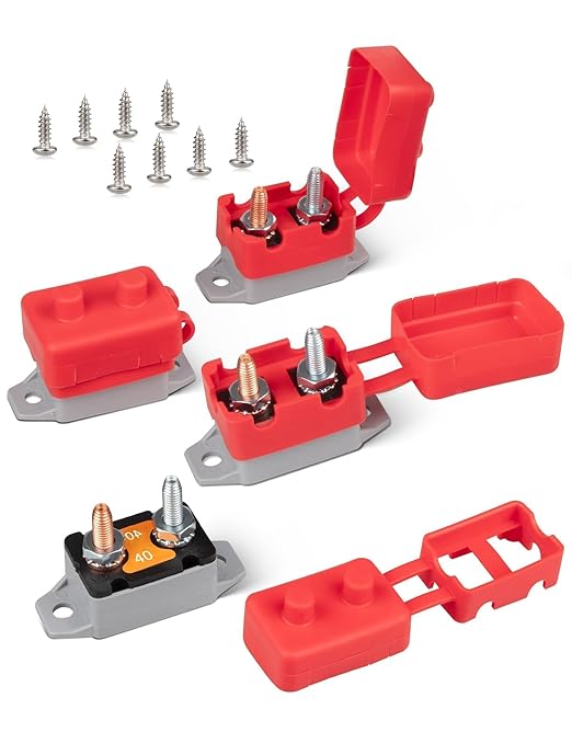 RED WOLF 40Amp Automatic Reset Circuit Breaker with Cover, DC 12V-24V Nylon Insulated & Anti-Rust Stud Type for Automotive Truck Camper RVs Solar Battery Chargers 4pcs