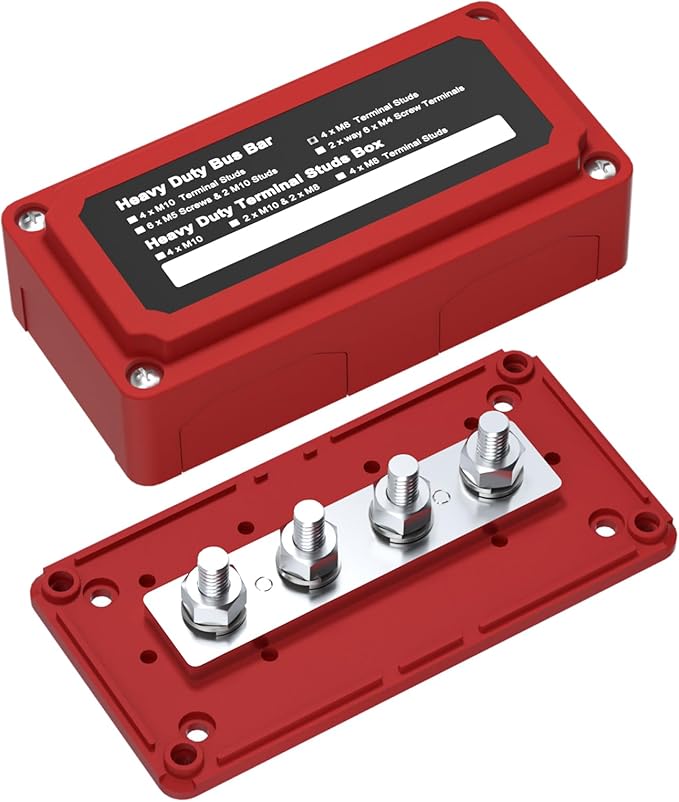 300A Bus Bar Box Heavy Duty Module Design Nickel Plated Brass Buss Battery Power Distribution 4xM8(5/16") Stainless Steel Terminal Studs Marine Ground DC12 24 48V（Red）