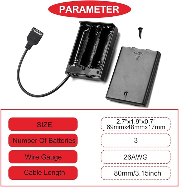 2Pcs 3AA Battery Holder Switch USB Female Socket 3x1.5V AA Battery Case Box Holder On/Off Switch with Cover Screw and Transparent Battery Storage Case for Arduino RC Cars LED Strip Light