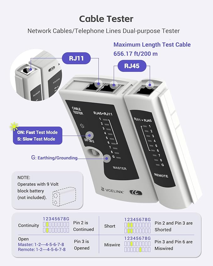 VCELINK RJ45 Crimp Tool Kit for CAT7/6A/6/5E/5, Upgraded Network Tool Set with an Ethernet Crimper, 50 RJ45 Connectors & Boots, Cable Tester, Wire Stripper and Cutter in a Cloth Bag