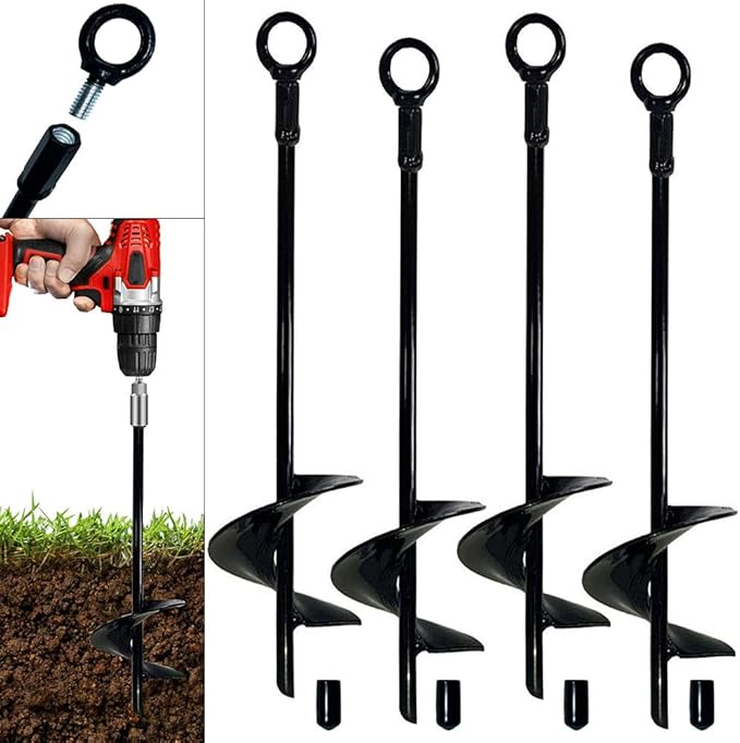 Ground Anchor 18 inch Spiral Blade Earth Anchor 4 Pack Kit Heavy Duty Metal Anchor Hook Black Wind Stakes Ideal for Securing Animals,Trampoline,Tree,Shelters,Tents,Canopies,Swing Sets
