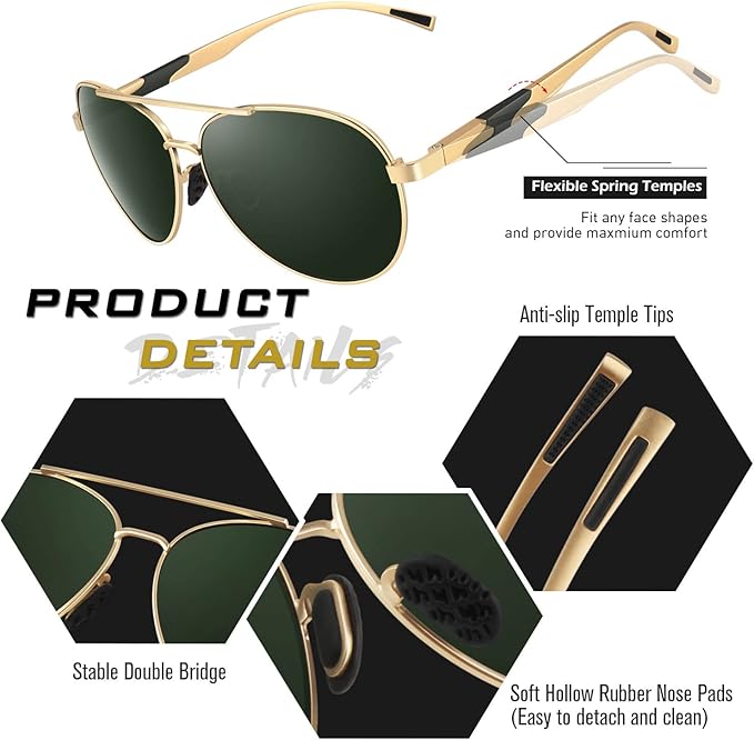 GQUEEN Classic Military Style Pilot Polarized Sunglasses Spring Hinges Al-Mg for mens womens MOS1