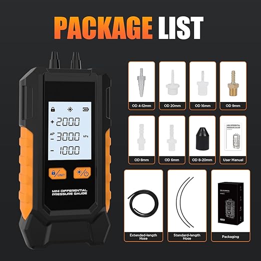 Manometer Gas Pressure Tester -101 to 200KPa Digital Manometers Dual-Port Gas Manometers HVAC with Auto Calibration, Backlight LCD Display, Data Hold Air Pressure Meter