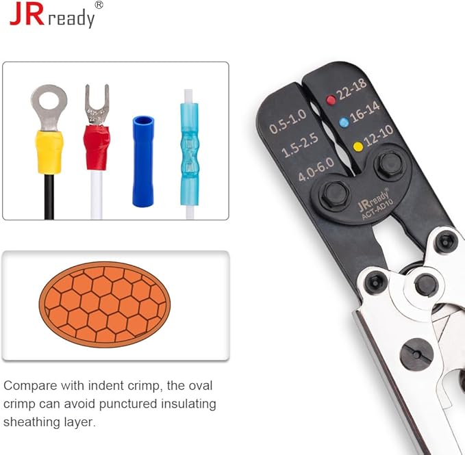 JRready ACT-AD10 Ratcheting Crimping Tool, 22–10 AWG Wire Crimper for Heat Shrink Butt Connectors & Insulated Terminals, Oval Crimp Die, Full-Cycle Ratchet for Marine/Automotive/RV Wiring