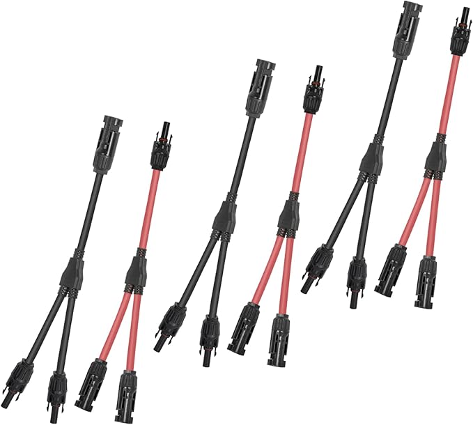 3 Paires of 2 to 1 Solar Panel Connectors Y Branch Universal 10 AWG Solar Connectors (Red & Black)
