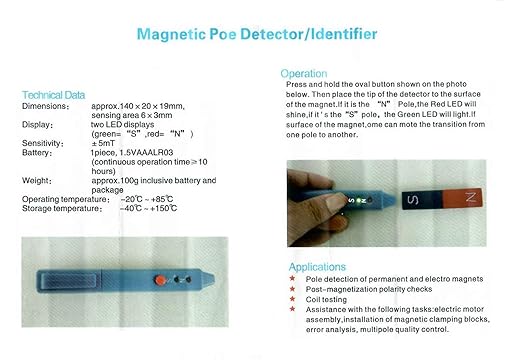 Magnetic Polarity Tester with ±5mT Sensitivity, One-Button Operation for Electric Motors/Coils/Magnets Assembly - LED N/S Detection Pen, Portable Gauss Meter with 10-Hour Battery