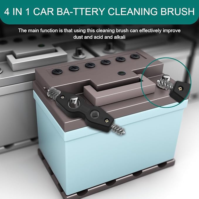 4 in 1 Car Battery Cleaning Brush, Battery Terminal Cleaner, Anti-Rust Car Terminals Machine Parts Cleaning Tool with Steel Wire, Auto Post Cleaner Brush Tool Fit for Vehicle & Marine (Black)