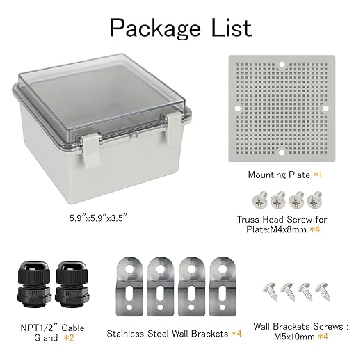 Junction Box IP65 Waterproof ABS Plastic Enclosure Hinged PC Clear Cover Electrical Project Box with Mounting Plate, Wall Brackets, Cable Glands 5.9" x 5.9" x 3.5"(150 * 150 * 90)