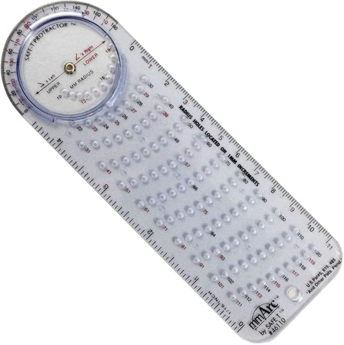 Safe-T 46110 mmArc Protractor Compass Plus, 15.8 cm Long, Clear Plastic with Bluish Hue, Semicircular Side, Rotating Disc Inset on Edge, Direct View of Vertex Points