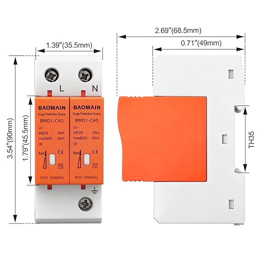 Baomain 2P (1P+N) Surge Protective,24V DC 40kA,BMD1-C40 Single-Phase SPD with Neutral Protection,for Solar Charge Controllers and Low-Voltage DC Systems,DIN Rail Mounting,Flame Retardant Housing