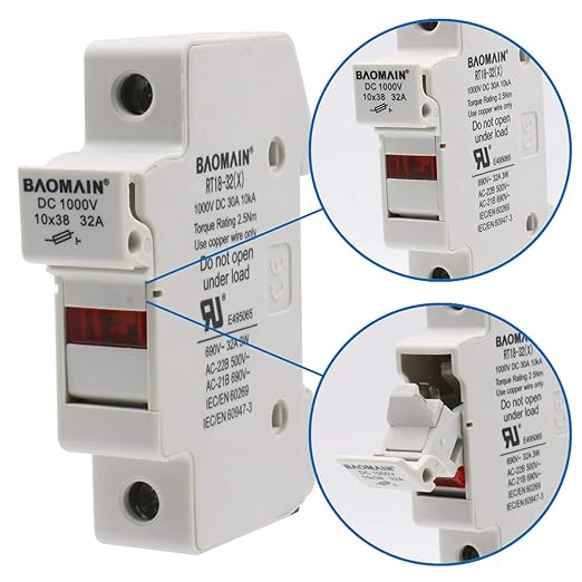 Baomain Solar PV DIN Rail Fuse Holder 1 Pole 30A 1000VDC/32A 690VAC, RT18-32 10x38mm, 18-8 AWG with LED Indicator, 35mm Mount, UR & CE Certified for Solar PV Systems