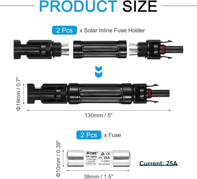 MECCANIXITY 2 Pcs Solar Fuse Holder 25A 1000V Waterproof PV in-Line Fuse Holders with Fuse Solar Inline Fuse Holder Photovoltaic Connectors for Solar Panel System