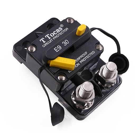 Double 3/8" Stud E9 30 Amp Circuit Breaker with Manual Reset, Surface Mount, 12V - 72V DC, Waterproof IP67 30A Switchable