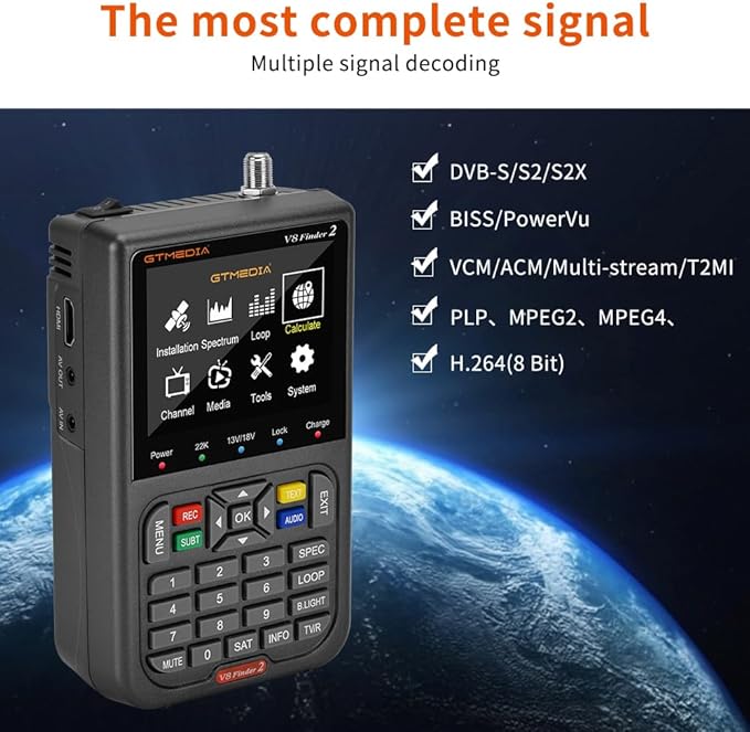 GT Media V8 Finder2 Satellite Finder Digital FTA DVB-S/S2/S2X Signal Measuring Meter Detector Receiver LCD Screen for Adjusting Sat TV Dish with Backpack