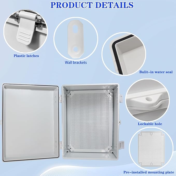 Waterproof Outdoor Electrical Box Junction Box Weatherproof IP67 ABS Plastic Enclosure Switch Router Project Box with Mounting Plate with Wall Bracket 2 Cable Glands Grey 15.74" x 11.81" x 6.7"