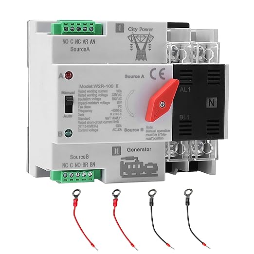 100Amp 110V Automatic/Manual Transfer Switch, Mini ATS 2Pole W2R Solar Auto Dual Power Changeover Switch for Home, Din Rail Mounted 50/60Hz CE Certified for Rv, Lv, Cn Public/Backup Power