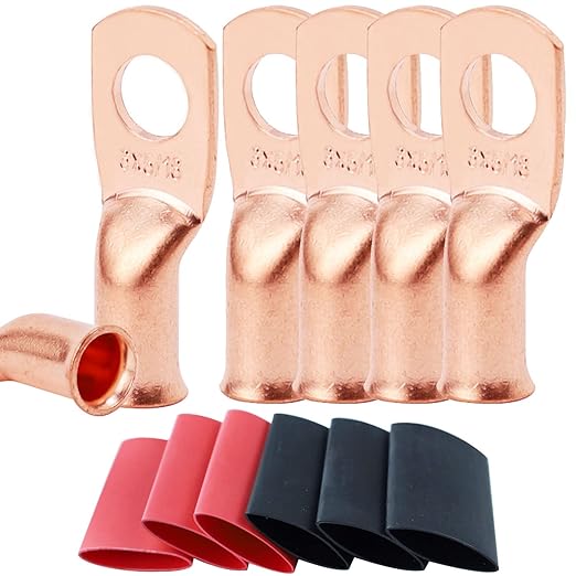 TKDMR 6pcs 6 AWG-5/16 Battery Lugs,Heavy Duty Wire Lugs,Ring Terminals,Battery Cable Ends,0 Guage terminals,Battery Terminal Connectors with 6pcs 3:1 Heat Shrink Tubing