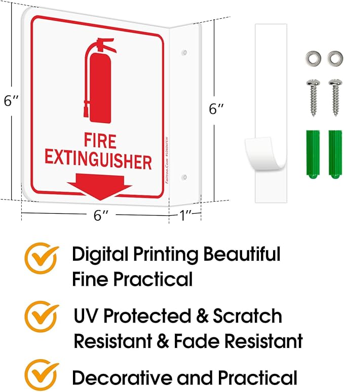Faittoo Fire Extinguisher Sign, 2 Pack Fire Extinguisher with Down Arrow - 6 x 6 Inches Acrylic Plastic, 2 Pre-Drilled Holes, Includes Matching Screws, Easy To Mount, Use for Home Office/Business