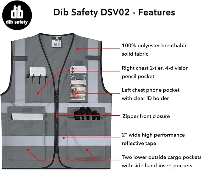 Dib Safety Reflective Vest ANSI Class 2, High Visibility Vest with Pockets and Zipper, Construction Work, Hi Vis
