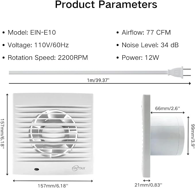 4 Inch Wall Mount Bathroom Exhaust Fan, Plug in Wall Exhaust Fan, 12W 77 CFM Bathroom Window Fan with Backdraft Damper for Kitchen, Garage, Office, 34 dB, White