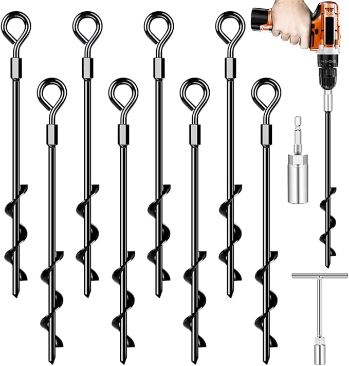 Ground Anchors Screw in Trampoline Anchors Heavy Duty Ground Anchors,Tent Stakes for Camping Tent, Trampoline, Canopies, Carports, Sheds, Swing Sets, Black Anti-Rust Coating for High Wind (8 X 14)