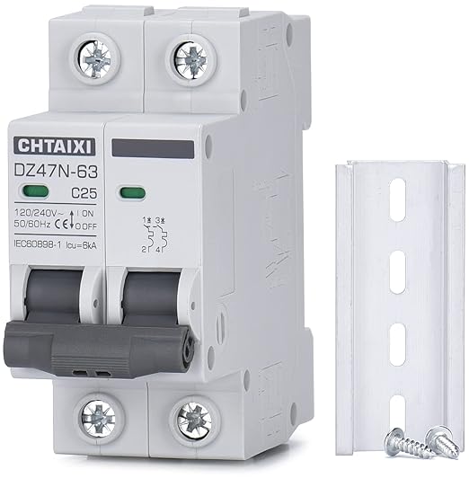 AC Miniature Circuit Breaker, 25 Amp 120V/240V 2 Pole DIN Rail Mount Circuit Breaker, Thermal Magnetic Trip, Solar AC Disconnect Switch MCB C25