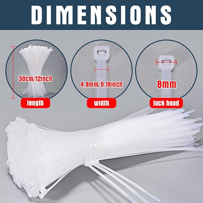 12 Inch White Zip Ties 1000 Pack Bulk, 50 lbs Heavy Duty Nylon Cable Ties, UV Resistant Self Locking Wire Ties for Commercial, Garden, Indoor Outdoor Use