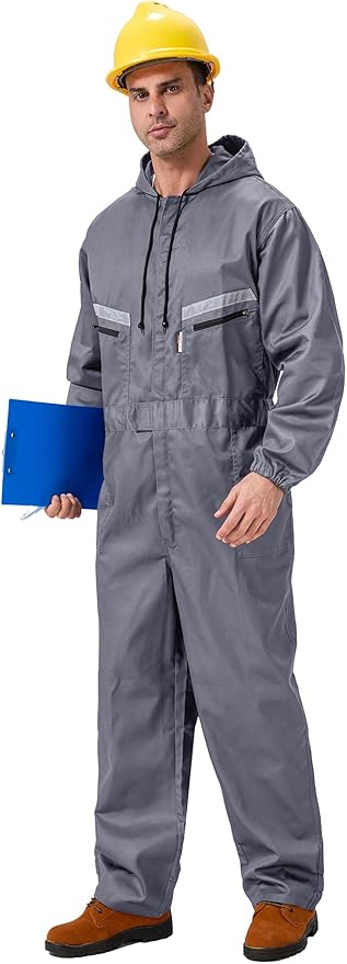 Mens Work Coveralls Mechanic Hooded Overall Workwear Jumpsuits Long Sleeve Hi Viz Coverall with Zippers