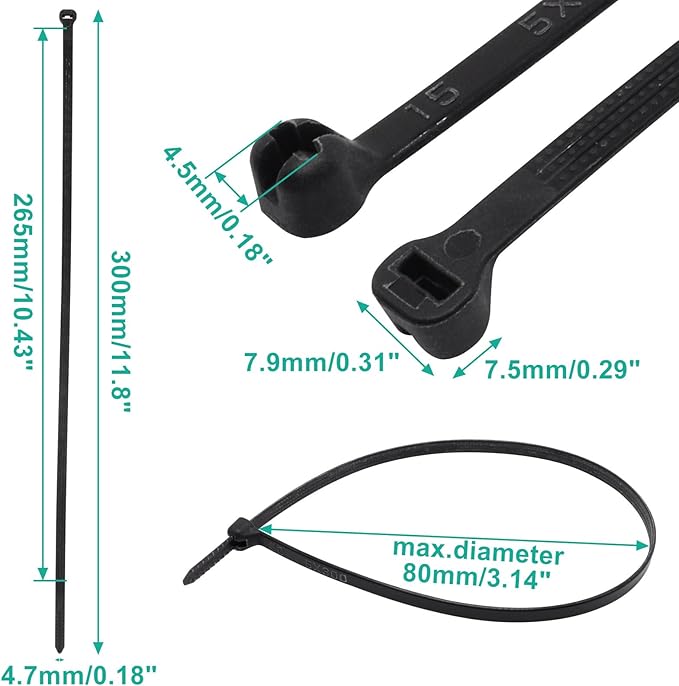 150pcs Push Mount Zip Ties 12 inch, Self Locking Straps Cable Zip Tie with Stainless Steel Metal Tooth Locking Device Heavy Duty Nylon Zip Tie Clips (12", Black)