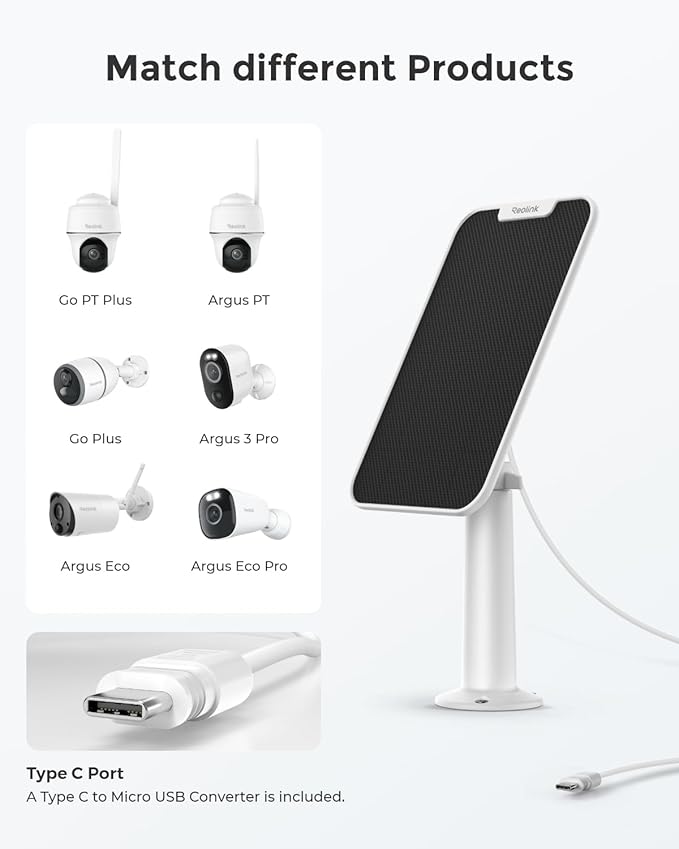 REOLINK 3W Solar Panel Power Designed for Wireless Outdoor Security Camera Solar Powered Cameras, 6V Type C Port, Compatible with Argus Eco/Go PT Plus/Argus 3 Pro/Argus PT, Non-Stop Charging (White)
