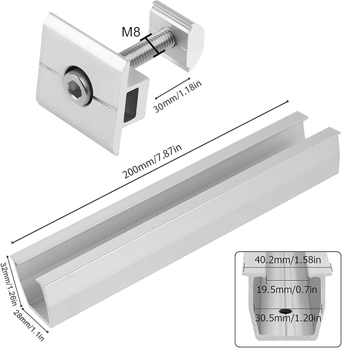 Solar Panel Roof Bracket Aluminium Solar Panel Mounting Rails Roof Rail Clamps PV Solar Mounting Rail Connector Installation Kit for Tin Roof, Flat Roof, Sheet Roof (6 x 200mm Rail + 6 x 30mm Clamp)