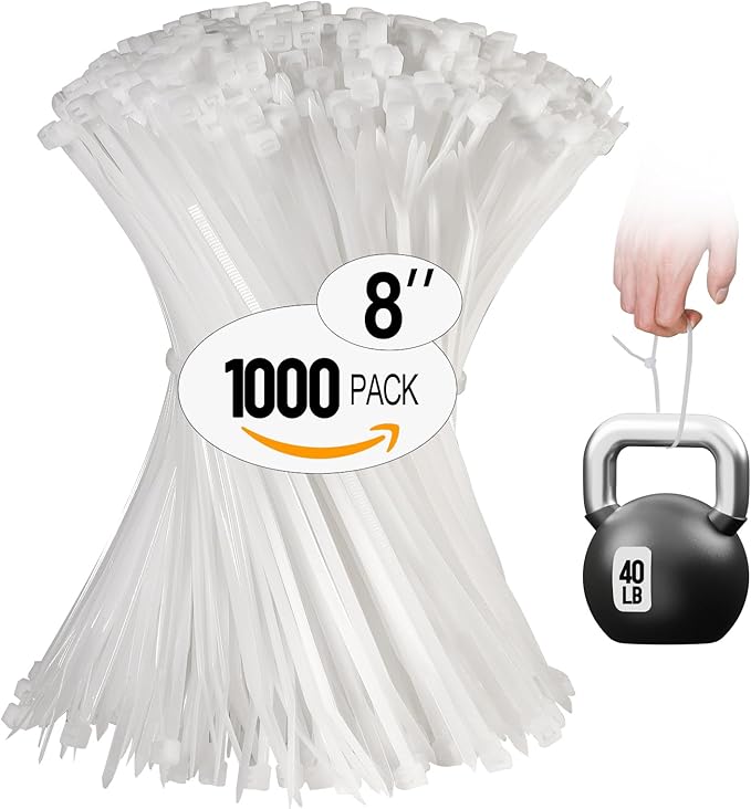 White Zip Ties 8 Inch 1000 Pack Clear Tensile Strength 40 lbs UV Resistant Industrial Cable Ties Self Locking Zipties Wire Ties Wrap Indoor Outdoor Use for Fence Garage Camping
