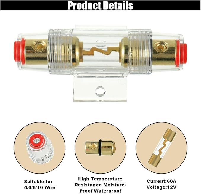 4-8 Gauge AWG in-line Fuse Holder, 4-10 Gauge AWG Wire with 100A AGU Fuses for Car Audio, Auto Parts, Alarms, Amplifiers, Compressors (3PCS)