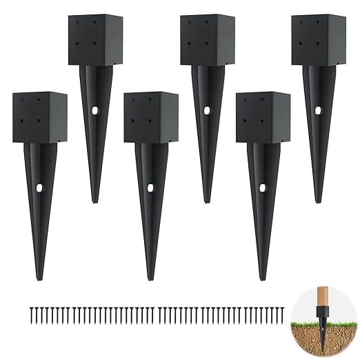 6 Pcs 4x4 Fence Post Anchor Ground Spike（Inner Size 3.6"x3.6" 16" Black Powder Coated–Mailbox Post Anchors, for Deck,Fence,Railing,Mailbox..