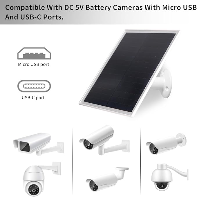 6W Solar Panel Charger, Solar Panel with Micro USB & USB-C Port for DC 5V Outdoor Rechargeable Battery Camera, IP66 Waterproof, 360° Adjustable Security Mount, 1PC