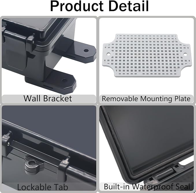 Junction Box, Hinged Black Cover IP67 Waterproof ABS Project Box with Mounting Plate Electrical Box Enclosure with Wall Bracket 5.9 x 3.9 x 2.8inch(150x100x70mm)