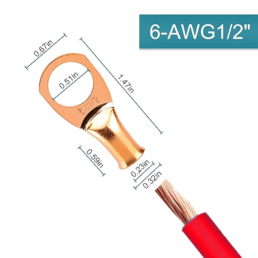10 PCS Battery Terminal Connectors, Battery Cable Ends Lugs, 6 Gauge Wire Connectors, 6AWG 1/2" Stud Ring Terminals, Copper Wire Lugs with Heat Shrink Tubing.